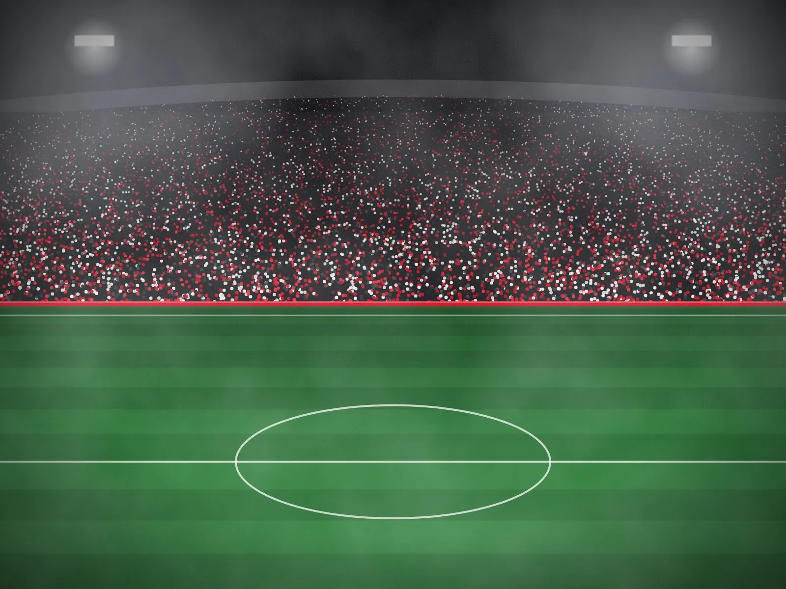 Volle stadiontribune met rood-witte supporters onder de lichtmasten